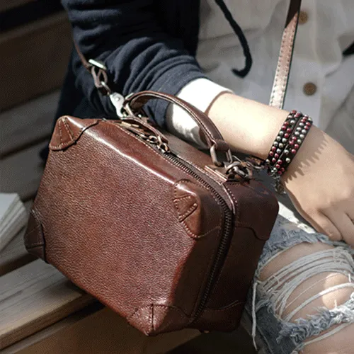 Fashion Womens Black Leather Square Structured Box Handbag Satchel Brown Leather Satchel Shoulder Bag