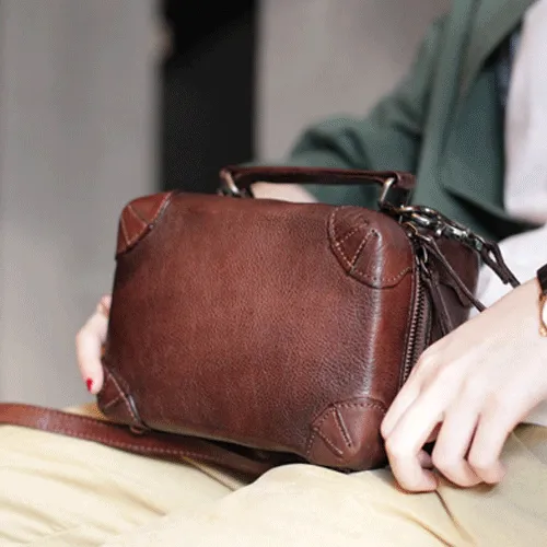 Fashion Womens Black Leather Square Structured Box Handbag Satchel Brown Leather Satchel Shoulder Bag