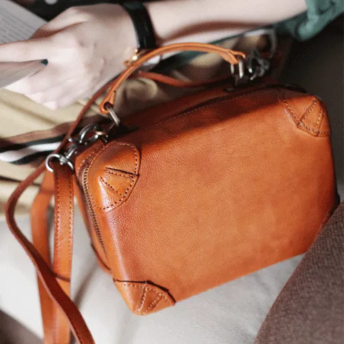 Fashion Womens Black Leather Square Structured Box Handbag Satchel Brown Leather Satchel Shoulder Bag