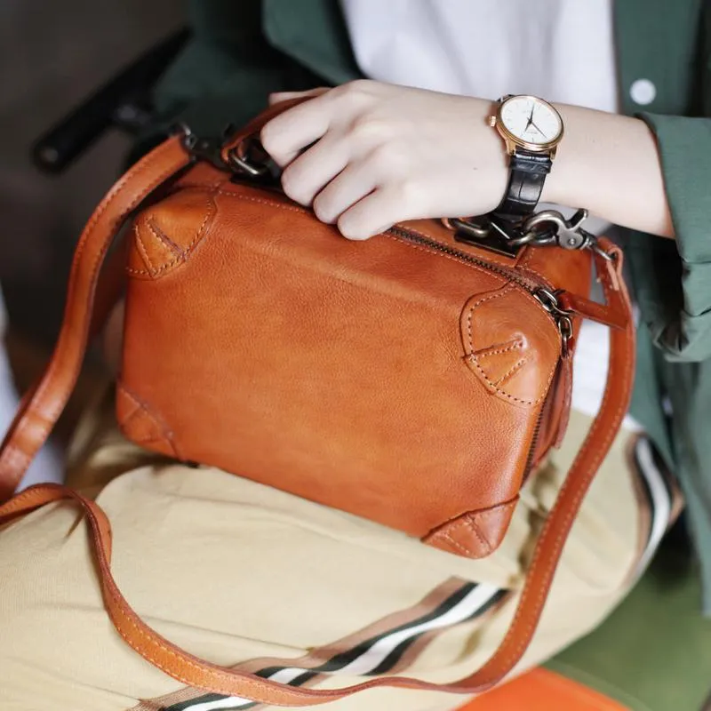 Fashion Womens Black Leather Square Structured Box Handbag Satchel Brown Leather Satchel Shoulder Bag