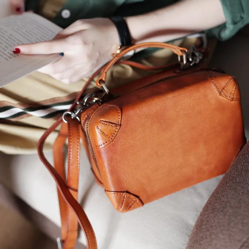 Fashion Womens Black Leather Square Structured Box Handbag Satchel Brown Leather Satchel Shoulder Bag