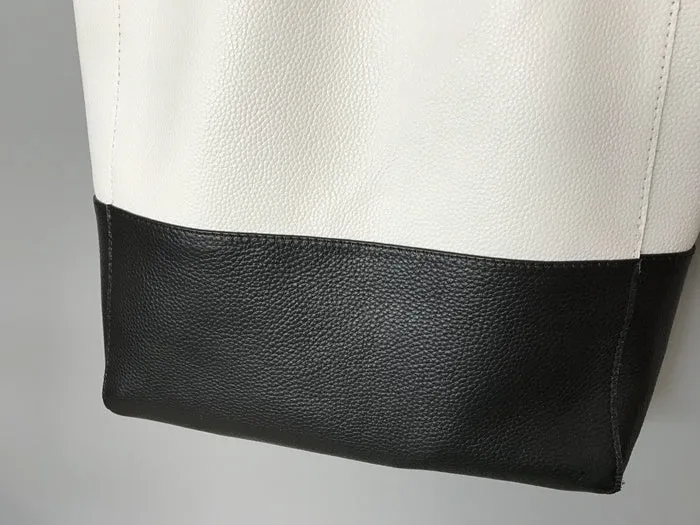 Fashion Womens White Black Leather Vertical Tote Bags White Black Shoulder Tote Bag Handbag Tote For Women
