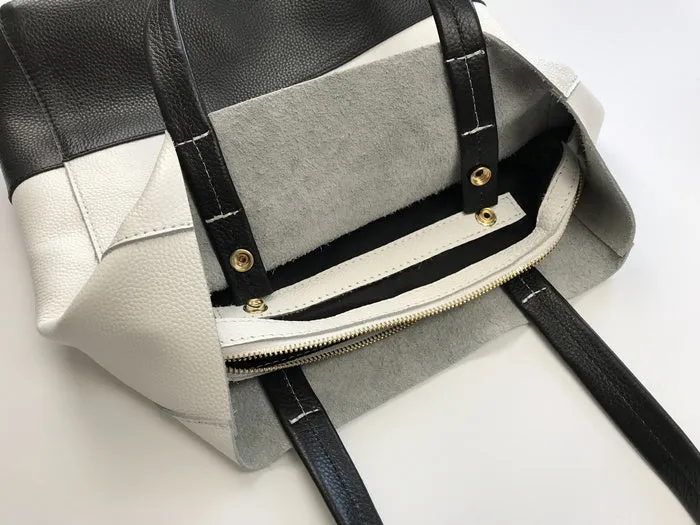 Fashion Womens White Black Leather Vertical Tote Bags White Black Shoulder Tote Bag Handbag Tote For Women