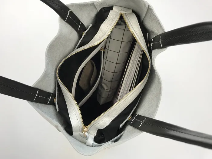 Fashion Womens White Black Leather Vertical Tote Bags White Black Shoulder Tote Bag Handbag Tote For Women