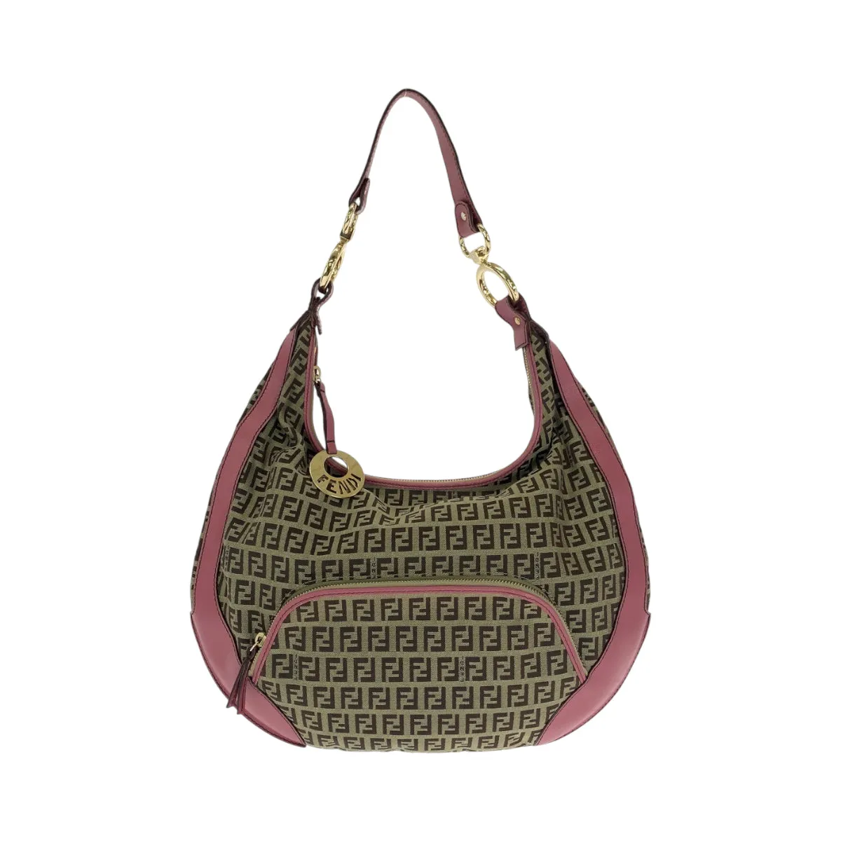 FENDI Shoulder Bag canvas Brown Pink Gold Metal Shoulder Bag Zucchino Chef Hobo Women Used