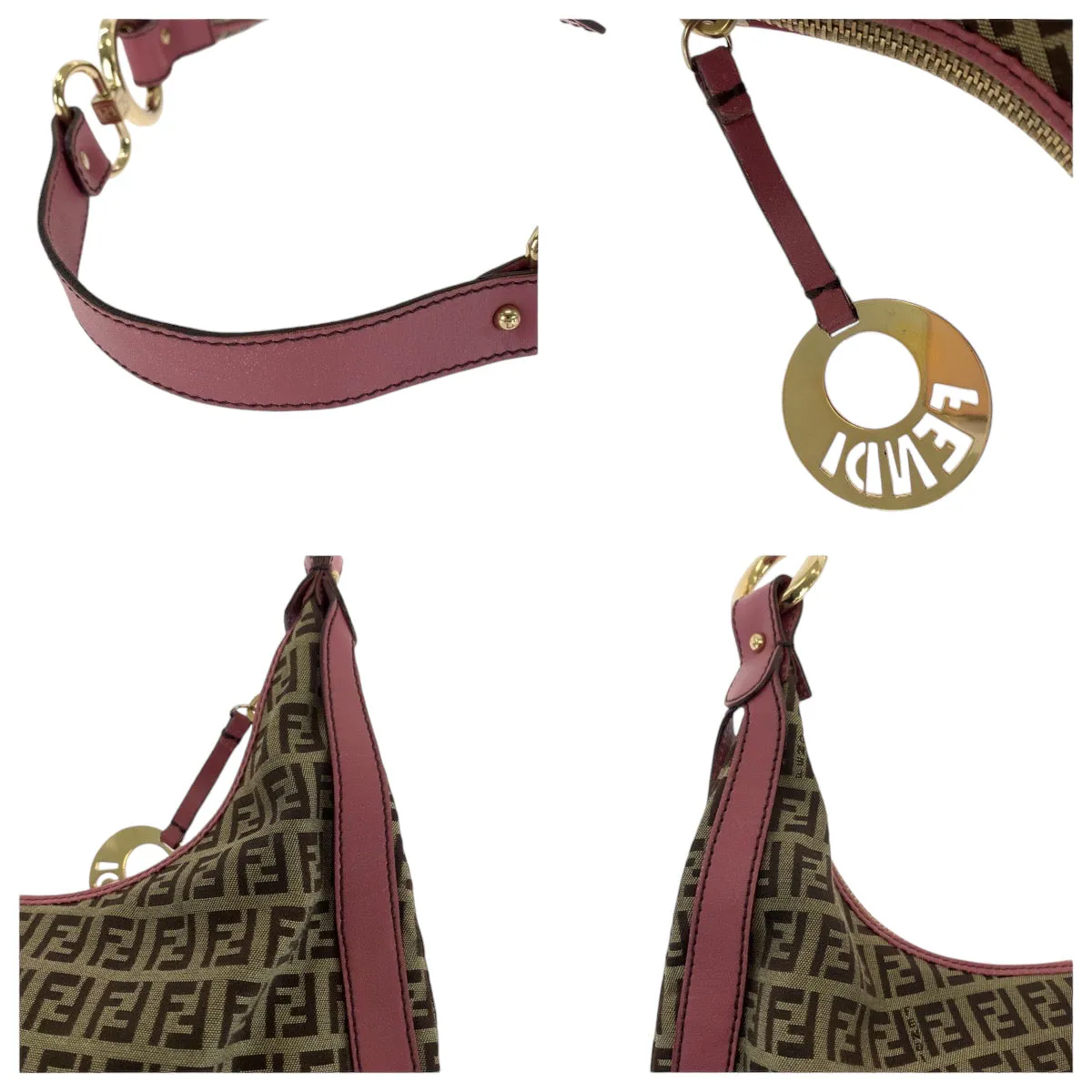 FENDI Shoulder Bag canvas Brown Pink Gold Metal Shoulder Bag Zucchino Chef Hobo Women Used