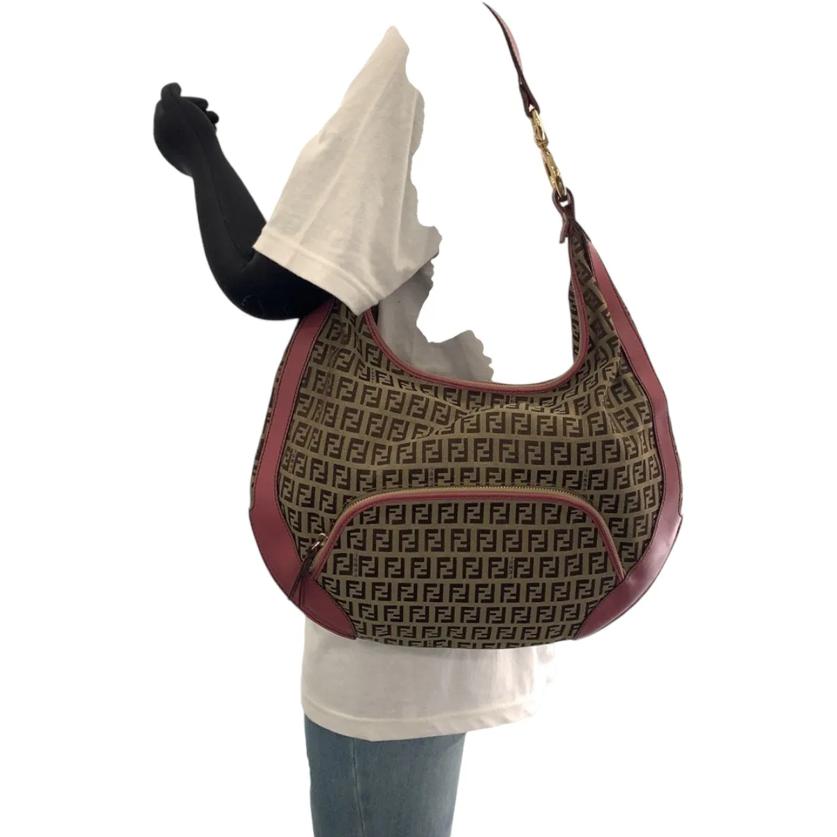 FENDI Shoulder Bag canvas Brown Pink Gold Metal Shoulder Bag Zucchino Chef Hobo Women Used