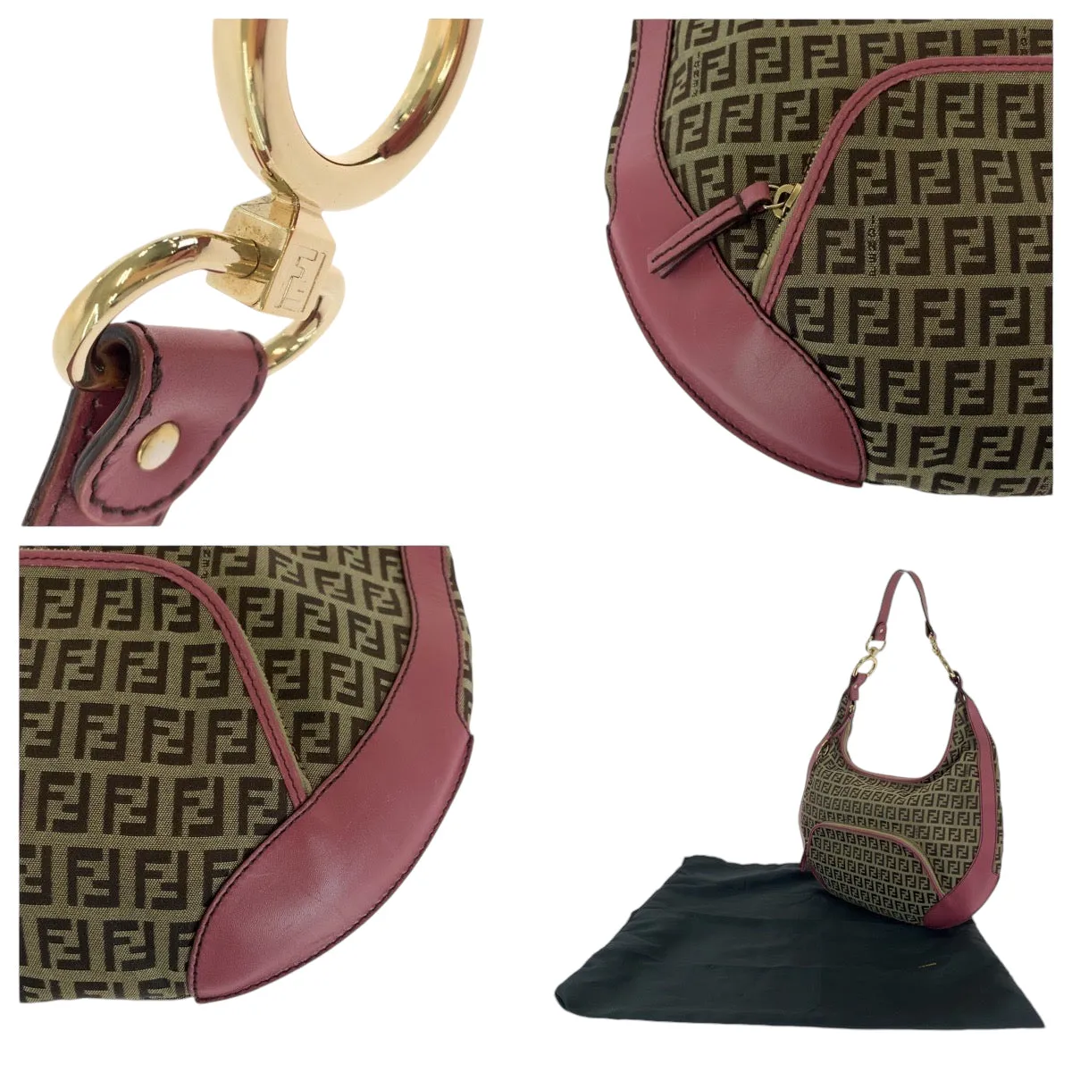 FENDI Shoulder Bag canvas Brown Pink Gold Metal Shoulder Bag Zucchino Chef Hobo Women Used