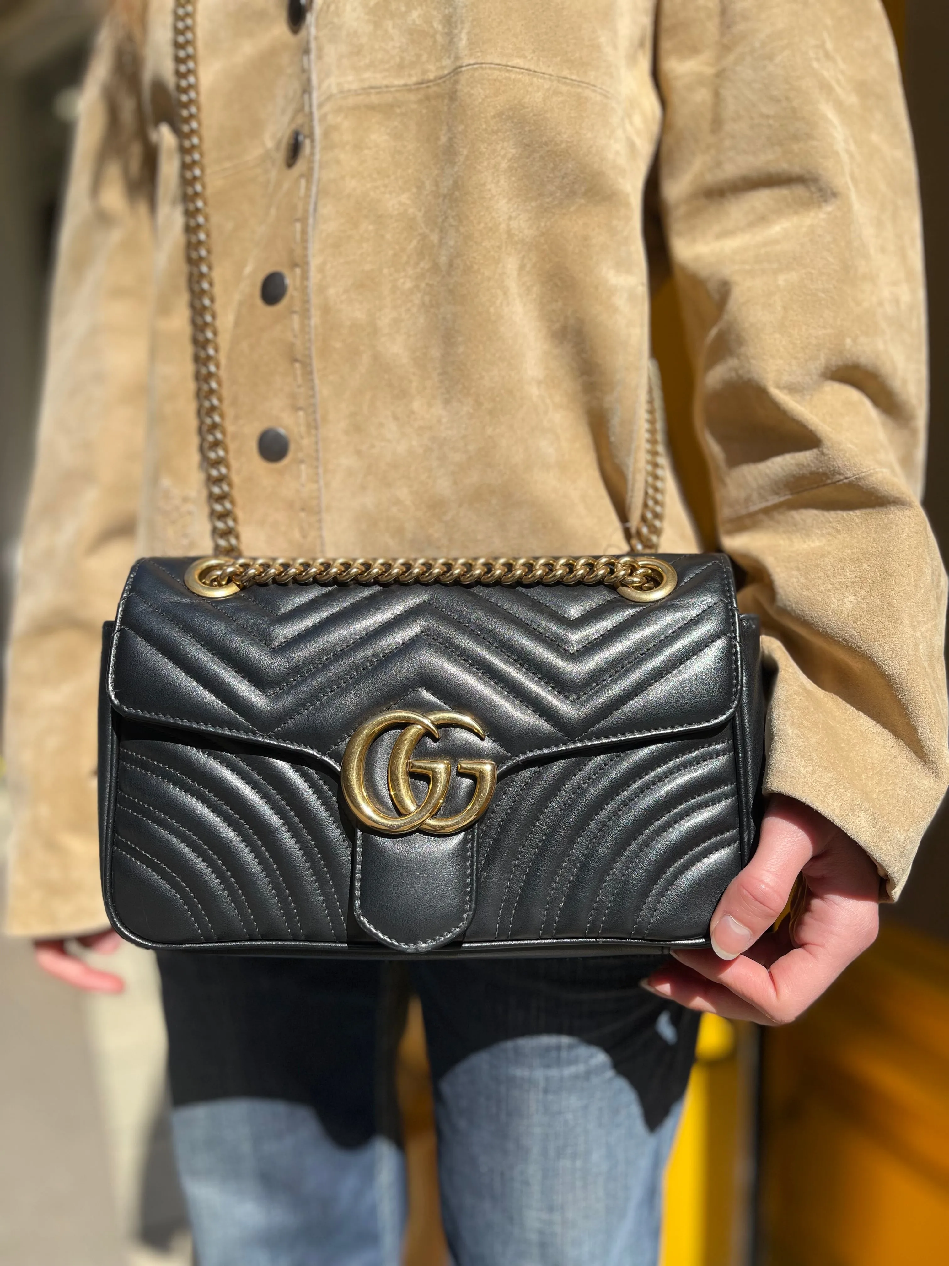 Gucci Black Leather Large GG Marmont Crossbody