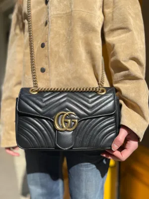Gucci Black Leather Large GG Marmont Crossbody