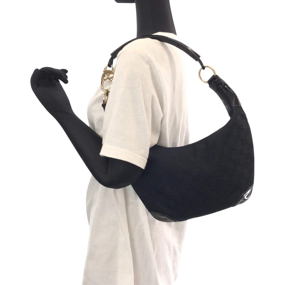 GUCCI Shoulder Bag 001 4158 GG canvas, enamel Black GoldMetal Hobo One Shoulder Bag Women Used