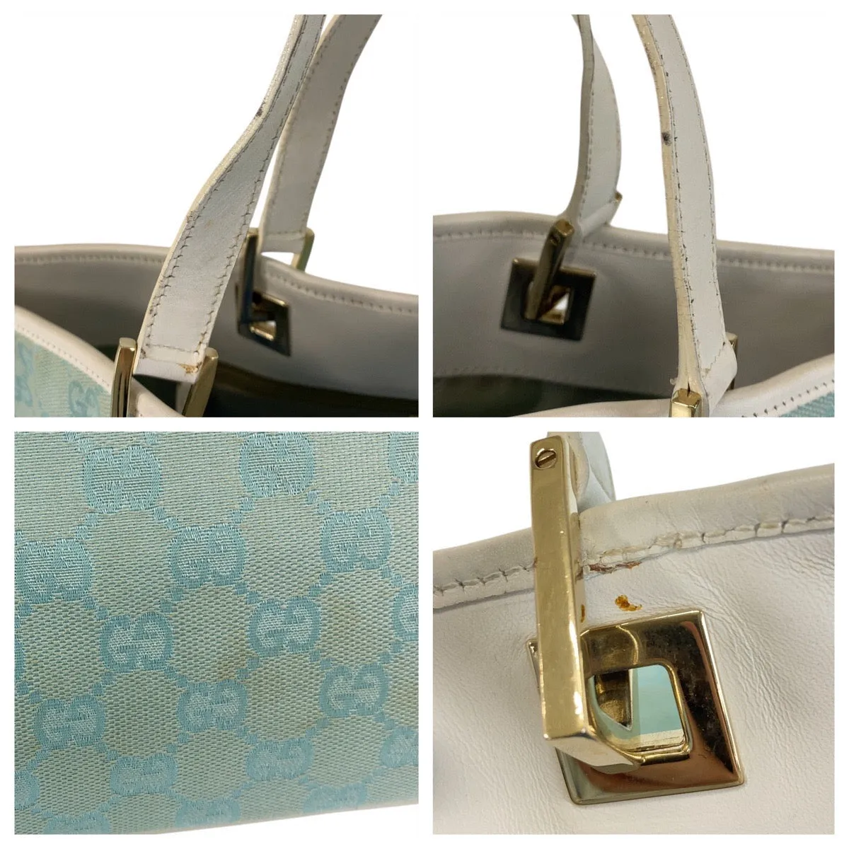 GUCCI Tote Bag 002 1098 GG canvas, leather Mint Light Blue Gold Metal Tote Bag Shoulder Bag Women Used
