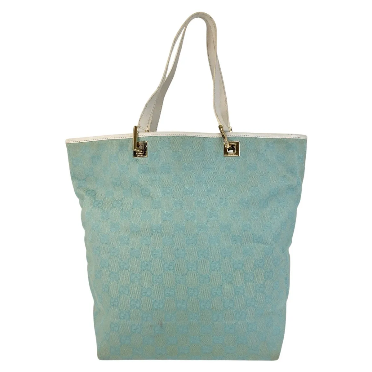 GUCCI Tote Bag 002 1098 GG canvas, leather Mint Light Blue Gold Metal Tote Bag Shoulder Bag Women Used