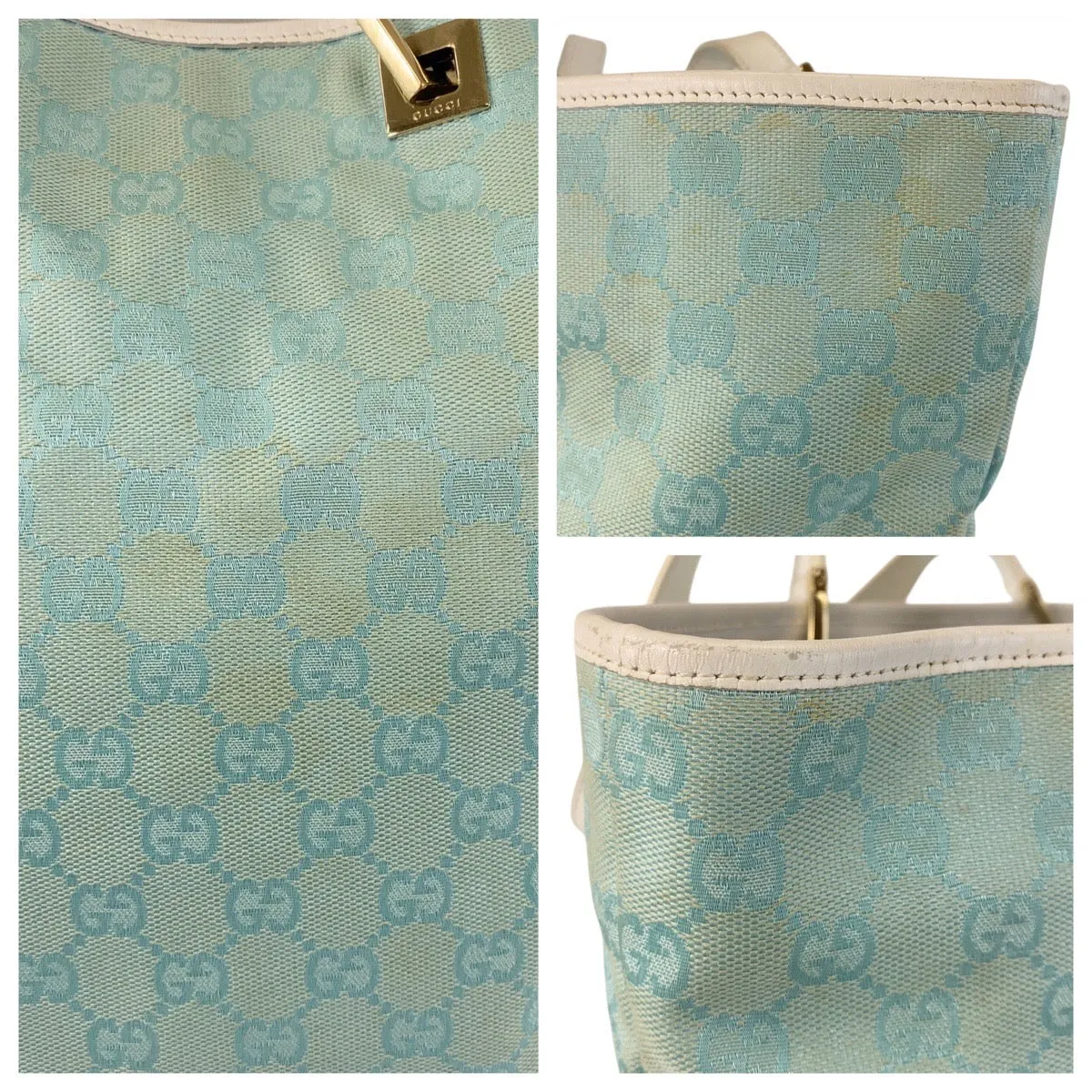 GUCCI Tote Bag 002 1098 GG canvas, leather Mint Light Blue Gold Metal Tote Bag Shoulder Bag Women Used