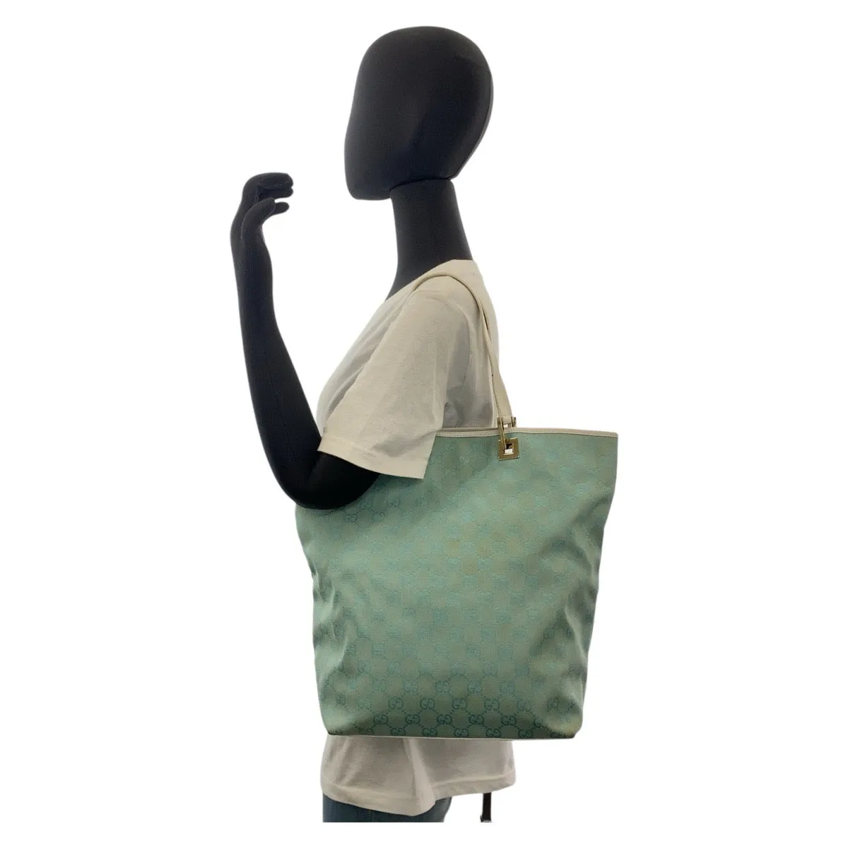 GUCCI Tote Bag 002 1098 GG canvas, leather Mint Light Blue Gold Metal Tote Bag Shoulder Bag Women Used
