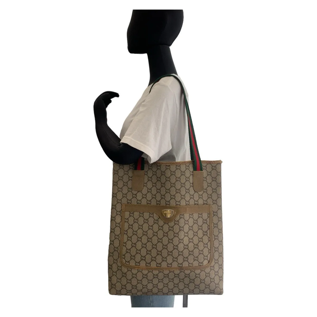 GUCCI Tote Bag GG Supreme canvas, leather Beige Gold Metal Tote Bag Shoulder Bag GG Plus Sherry Line GG Supreme Old Gucci Women Used