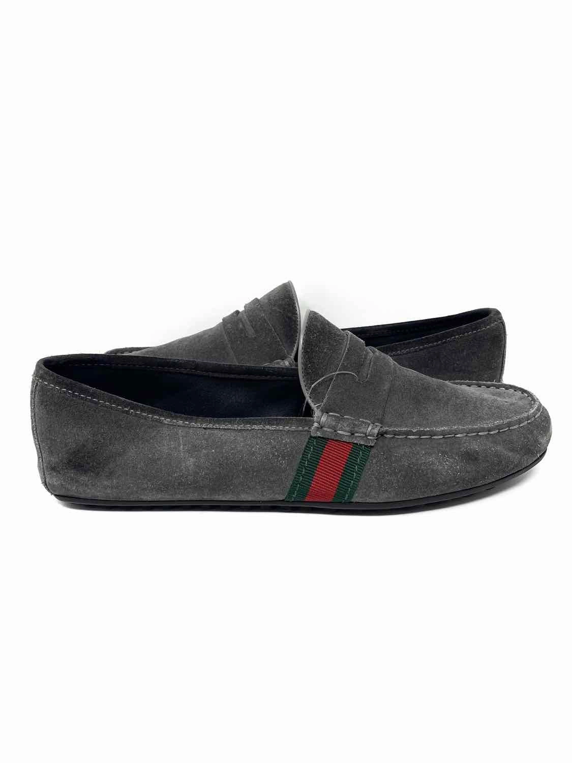 Gucci Men's Gray Shoe Size 8 Green Red Web Driving Loafers