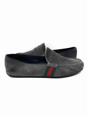 Gucci Men's Gray Shoe Size 8 Green Red Web Driving Loafers