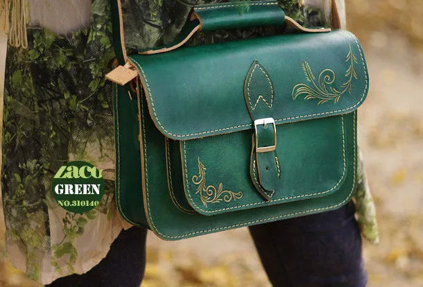 Handcraft vintage floral leather Carved Satchel shoulder bag purse for women girl