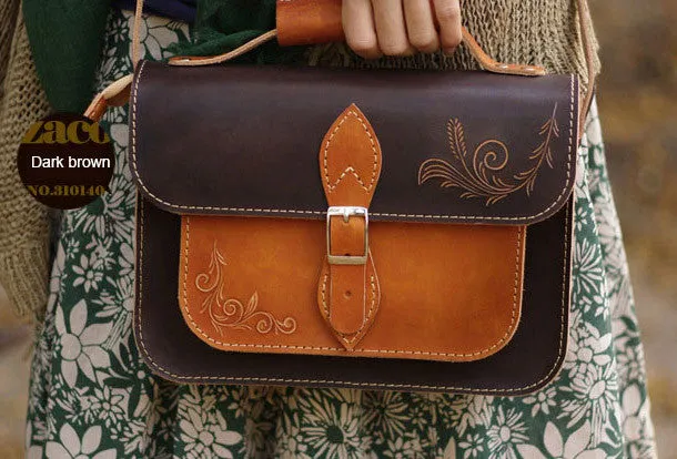 Handcraft vintage floral leather Carved Satchel shoulder bag purse for women girl