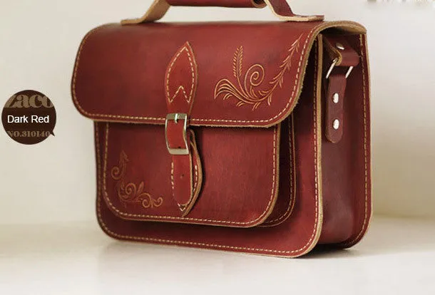 Handcraft vintage floral leather Carved Satchel shoulder bag purse for women girl
