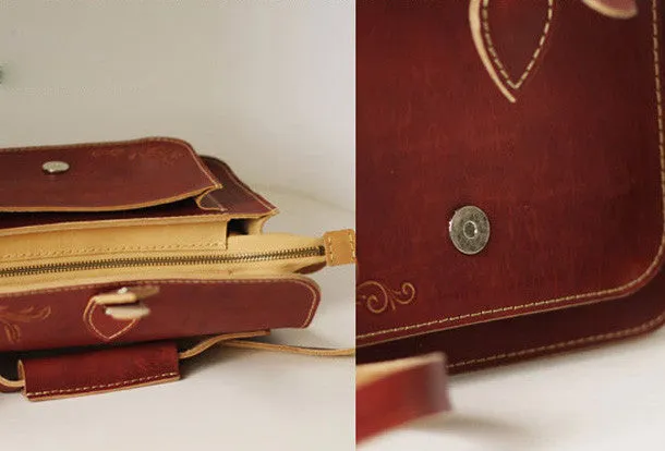 Handcraft vintage floral leather Carved Satchel shoulder bag purse for women girl