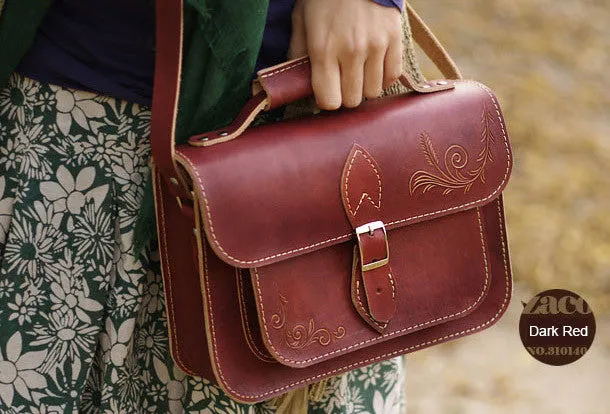 Handcraft vintage floral leather Carved Satchel shoulder bag purse for women girl