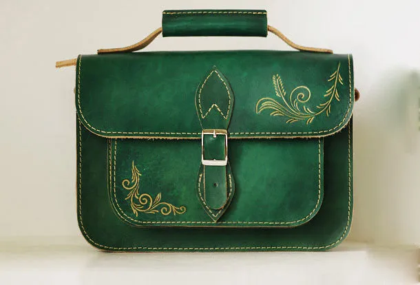 Handcraft vintage floral leather Carved Satchel shoulder bag purse for women girl