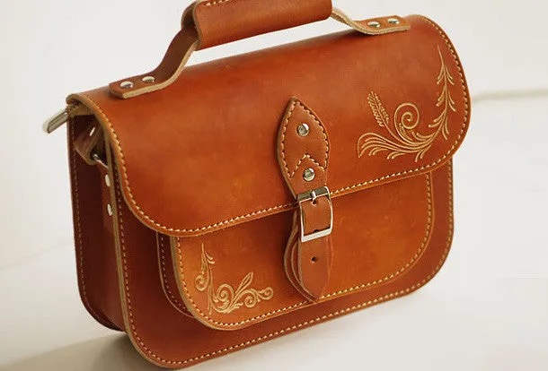 Handcraft vintage floral leather Carved Satchel shoulder bag purse for women girl