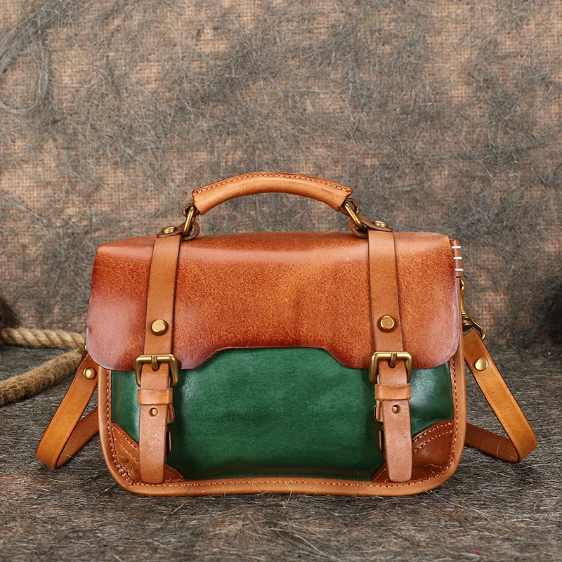 Handmade Beige Leather Womens Satchel Shoulder Bag Small School Handbag Crossbody Purses for Ladies