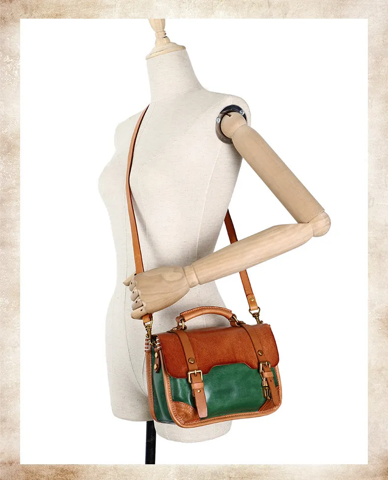 Handmade Beige Leather Womens Satchel Shoulder Bag Small School Handbag Crossbody Purses for Ladies