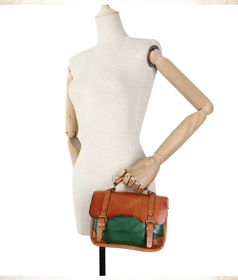 Handmade Beige Leather Womens Satchel Shoulder Bag Small School Handbag Crossbody Purses for Ladies