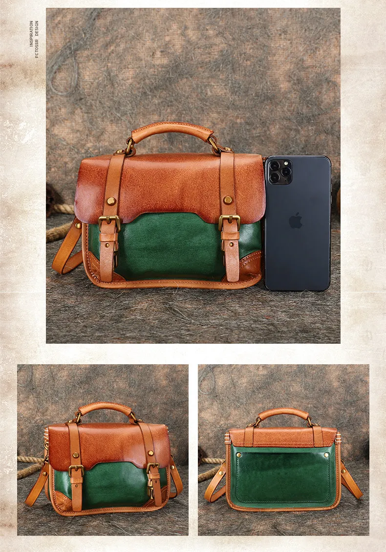 Handmade Beige Leather Womens Satchel Shoulder Bag Small School Handbag Crossbody Purses for Ladies