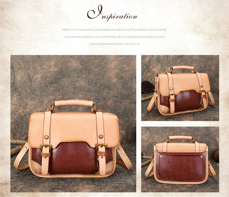 Handmade Beige Leather Womens Satchel Shoulder Bag Small School Handbag Crossbody Purses for Ladies