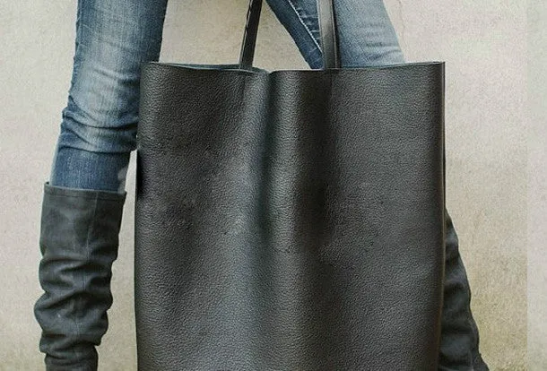 Handmade black fashion pretty leather large tote bag shoulder bag handbag for women