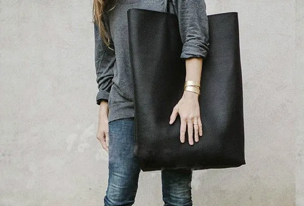 Handmade black fashion pretty leather large tote bag shoulder bag handbag for women