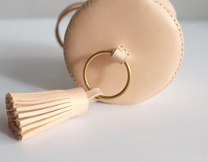 Handmade Leather Beige Womens Mini Wristlet Purse Bucket Purse Barrel Shoulder Bags for Women