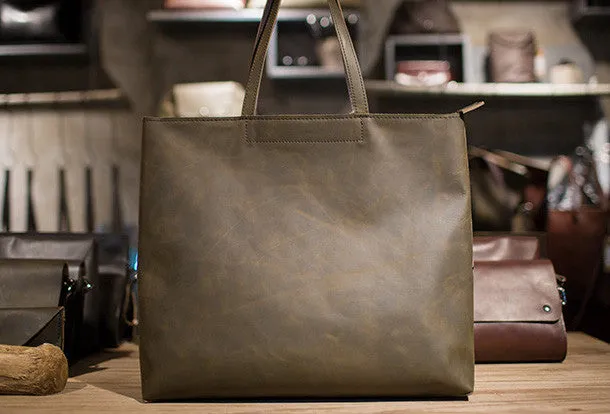 Handmade Leather Big Large tote bag dark green coffee brown for women leather shoulder bag