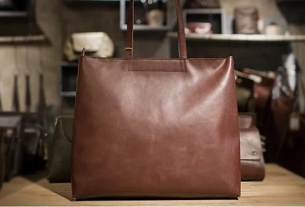 Handmade Leather Big Large tote bag dark green coffee brown for women leather shoulder bag