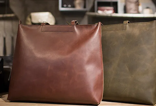 Handmade Leather Big Large tote bag dark green coffee brown for women leather shoulder bag