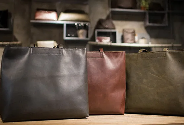 Handmade Leather Big Large tote bag dark green coffee brown for women leather shoulder bag