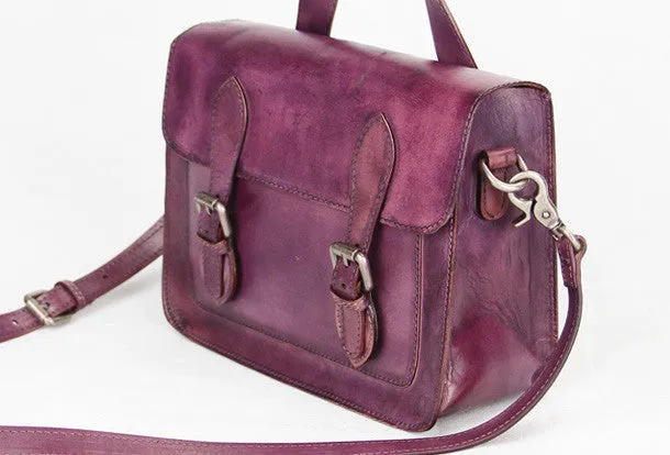 Handmade purple vintage leather Satchel Bag crossbody Shoulder Bag for girl women