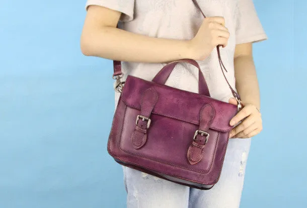 Handmade purple vintage leather Satchel Bag crossbody Shoulder Bag for girl women