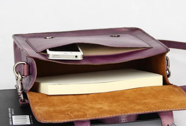 Handmade purple vintage leather Satchel Bag crossbody Shoulder Bag for girl women