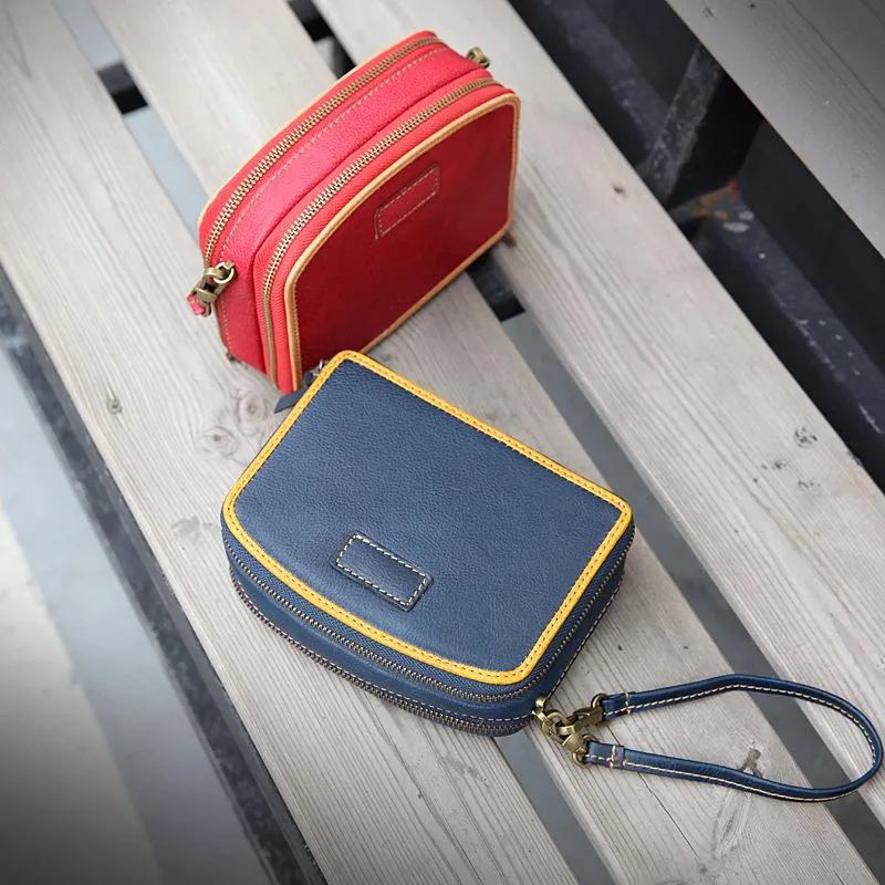 Handmade Women's Blue Leather Shoulder Clutch Purse Handbag Crossbody Bag Clutch Purse