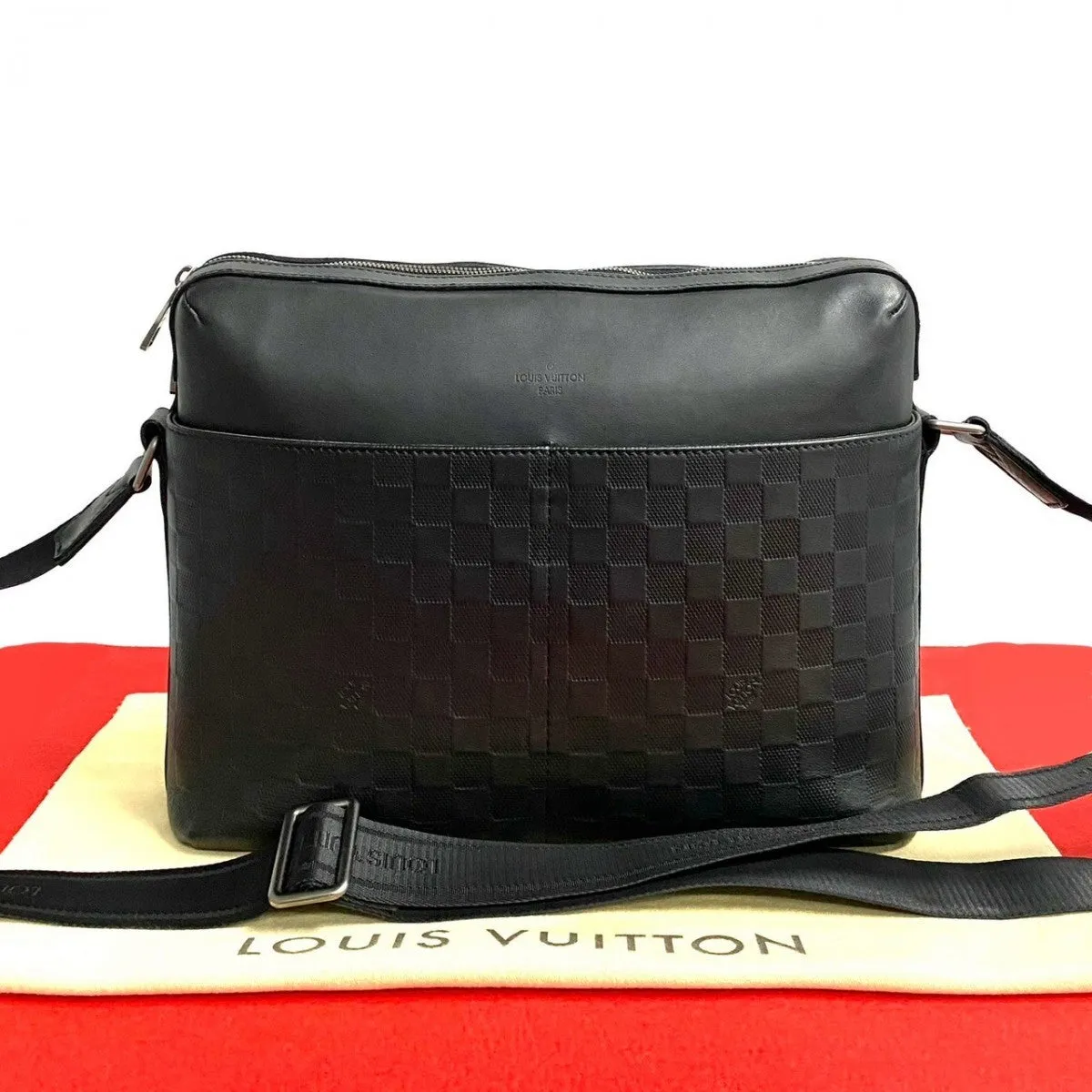 LOUIS VUITTON Shoulder Bag leather black Damier Anfini Calypso MM
