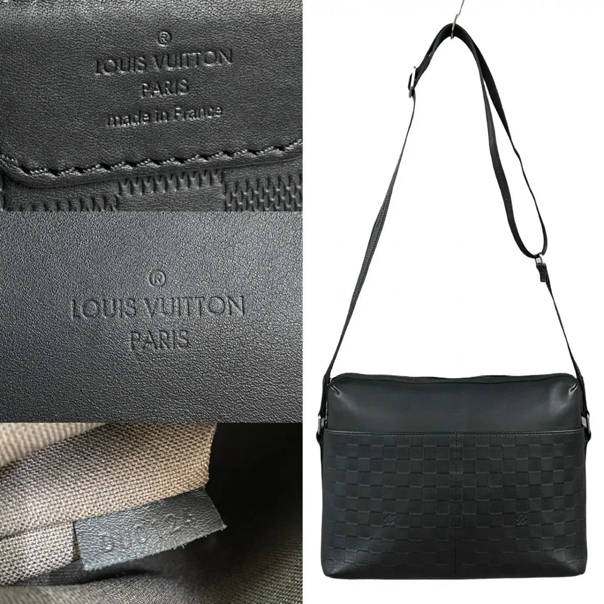 LOUIS VUITTON Shoulder Bag leather black Damier Anfini Calypso MM