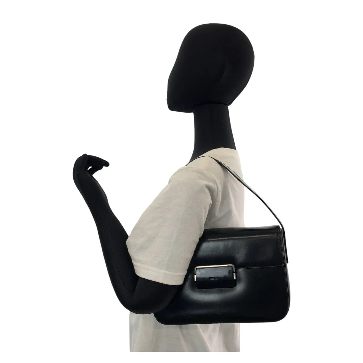 PRADA Shoulder Bag leather Black Silver Metal Shoulder Bag handbag Women Used