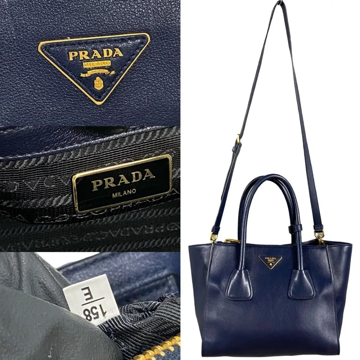 PRADA Shoulder Bag leather Navy Triangle Logo Metal Women Used