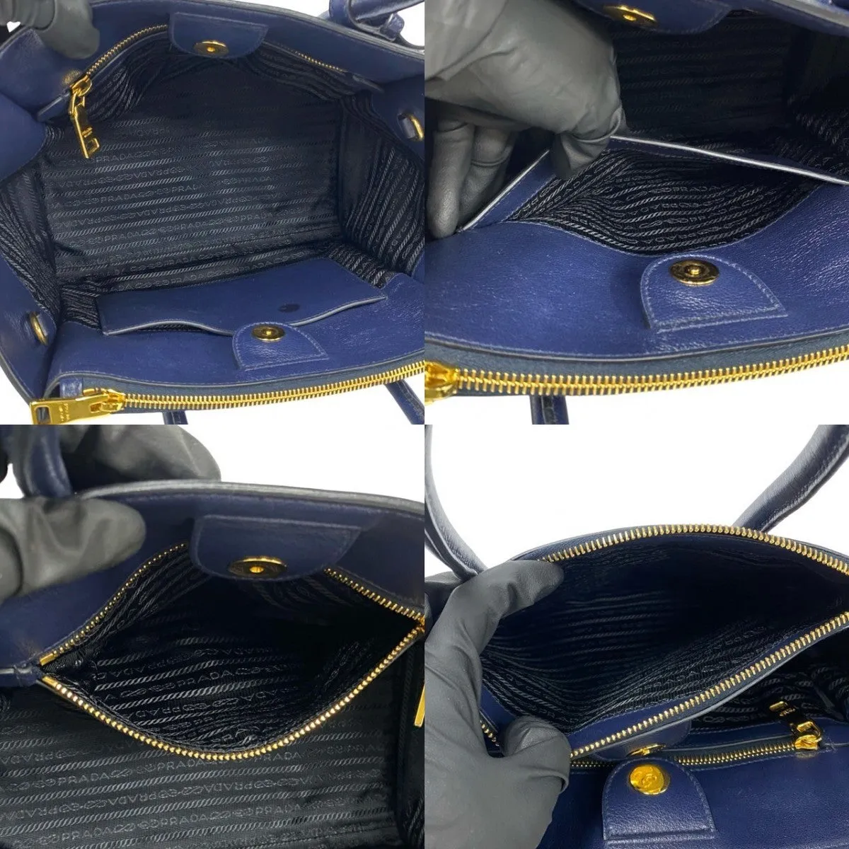 PRADA Shoulder Bag leather Navy Triangle Logo Metal Women Used